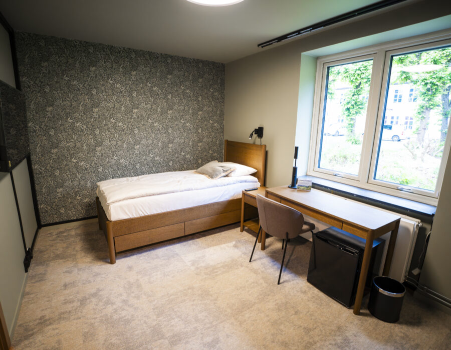 Pent enkeltrom på Haraldsplass Gjestehus med seng, skrivebord og mini-kjøleskap